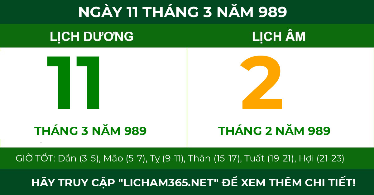lịch âm ngày 11 tháng 3 năm 989