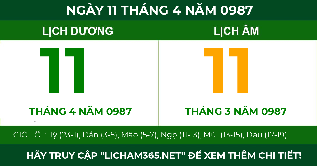 lịch âm ngày 11 tháng 4 năm 0987