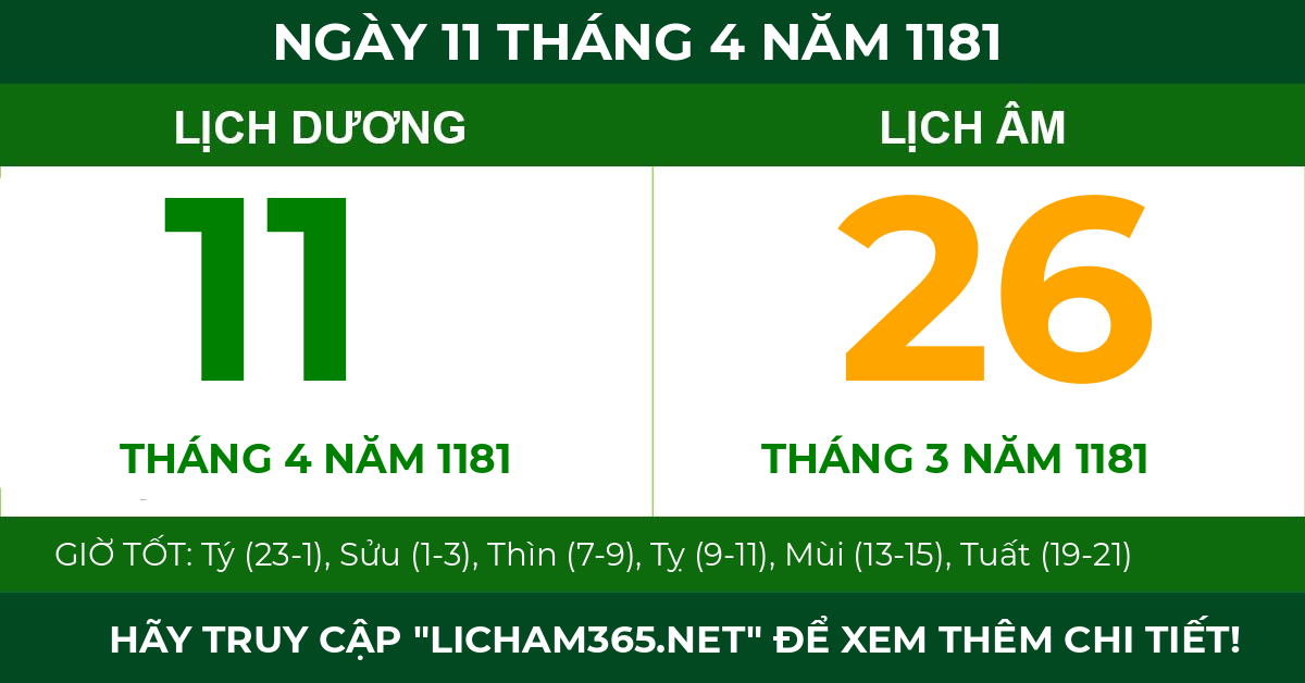 lịch âm ngày 11 tháng 4 năm 1181