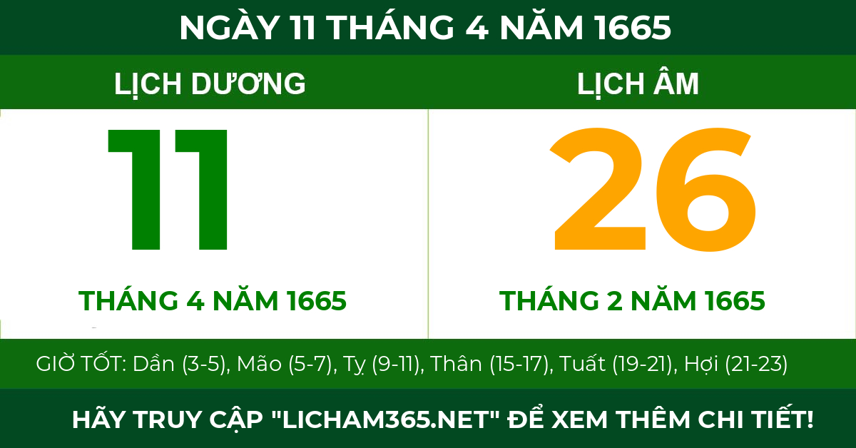 lịch âm ngày 11 tháng 4 năm 1665