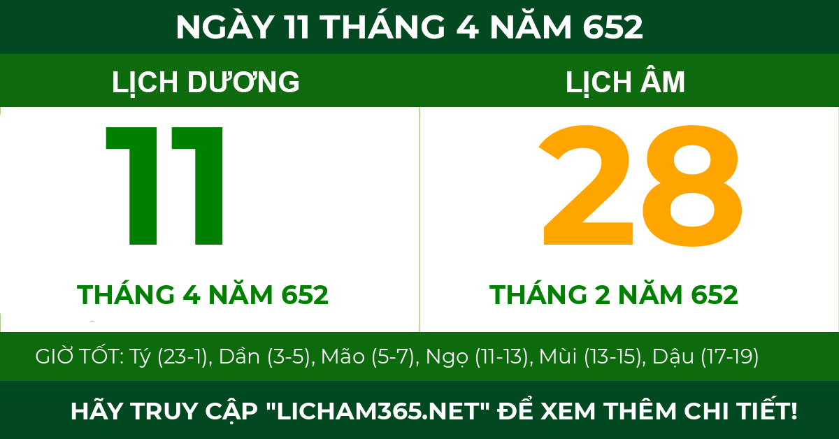 lịch âm ngày 11 tháng 4 năm 652