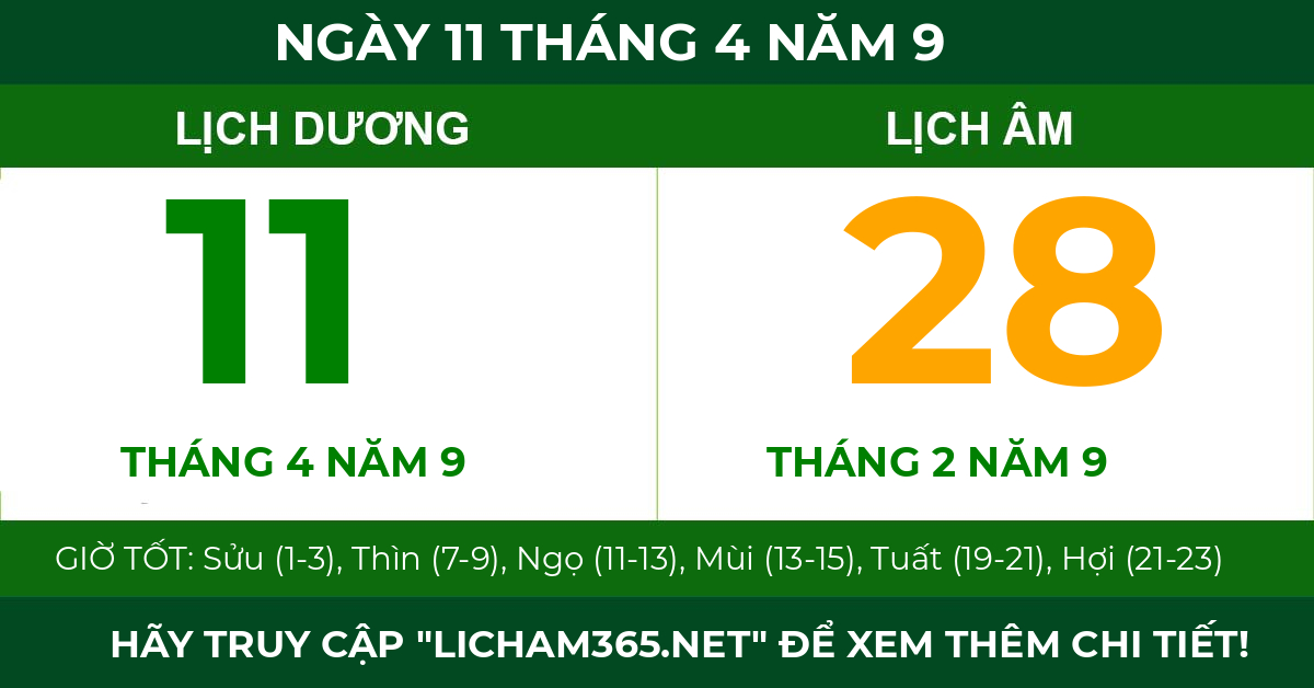 lịch âm ngày 11 tháng 4 năm 9