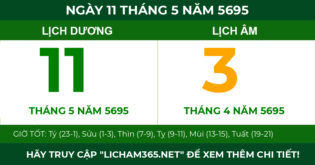 lịch âm ngày 11 tháng 5 năm 5695