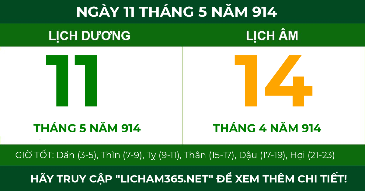 lịch âm ngày 11 tháng 5 năm 914