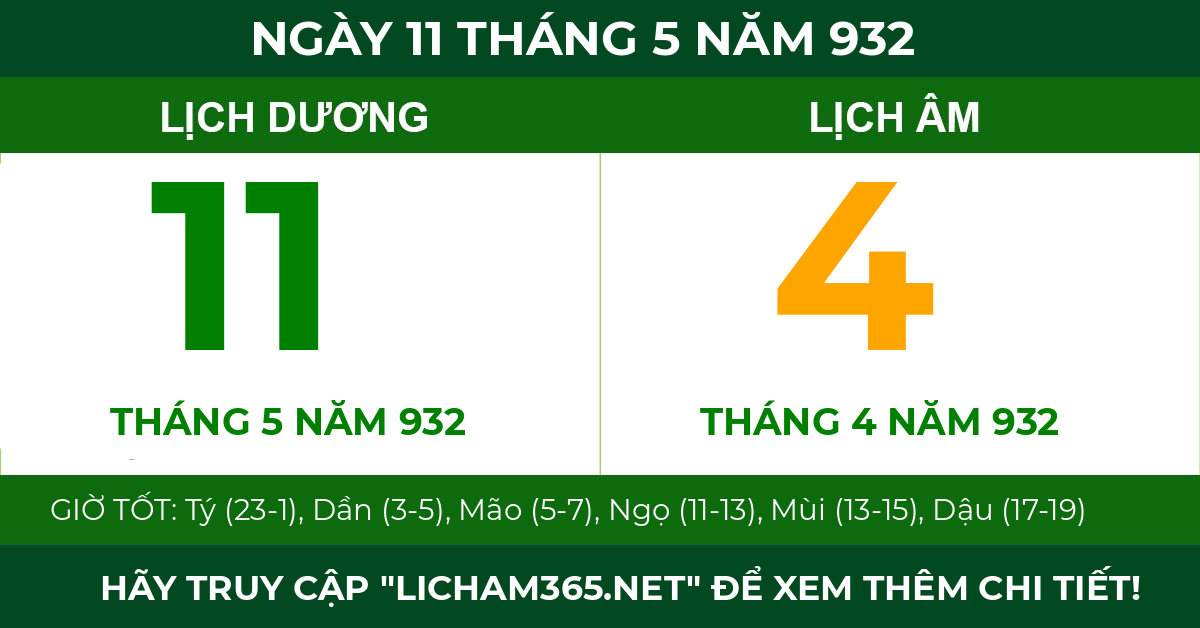 lịch âm ngày 11 tháng 5 năm 932