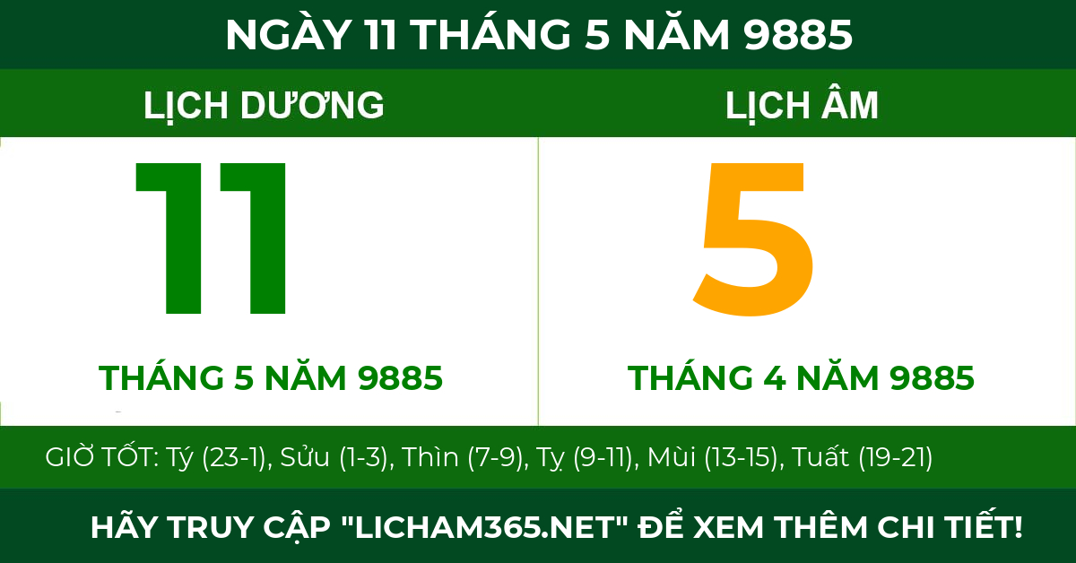 lịch âm ngày 11 tháng 5 năm 9885