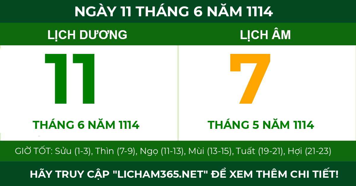 lịch âm ngày 11 tháng 6 năm 1114