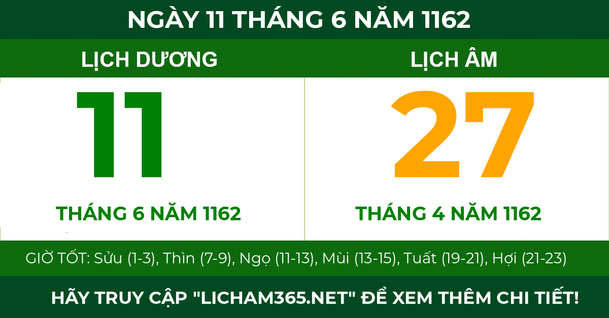 lịch âm ngày 11 tháng 6 năm 1162