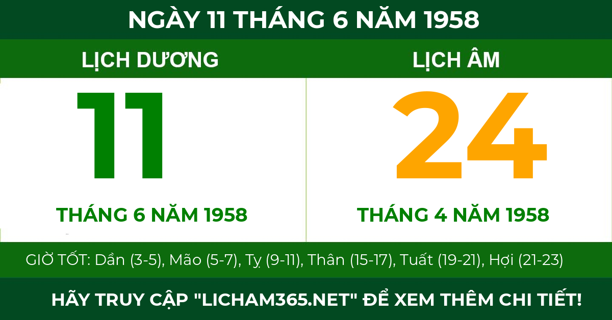 lịch âm ngày 11 tháng 6 năm 1958