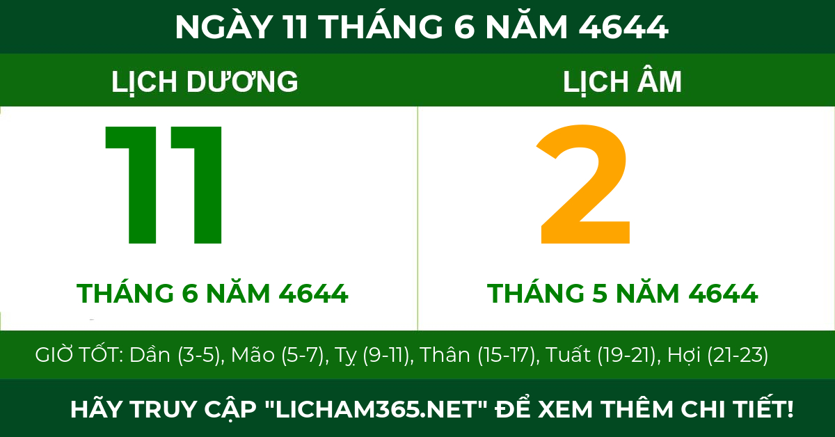 lịch âm ngày 11 tháng 6 năm 4644
