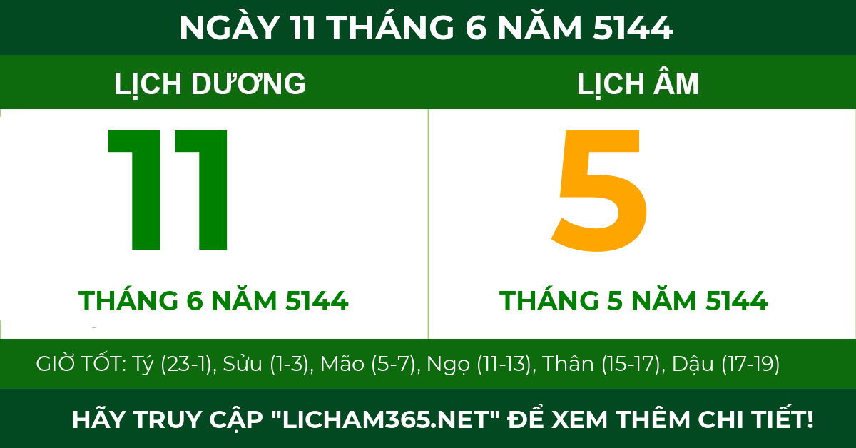 lịch âm ngày 11 tháng 6 năm 5144