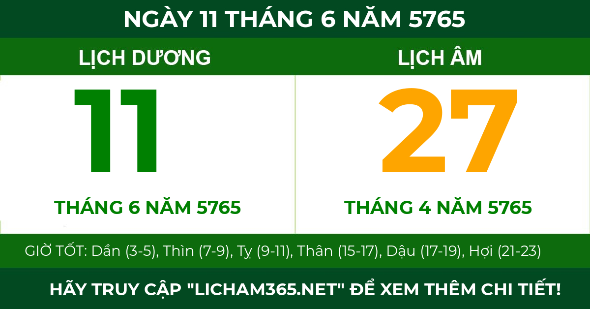 lịch âm ngày 11 tháng 6 năm 5765
