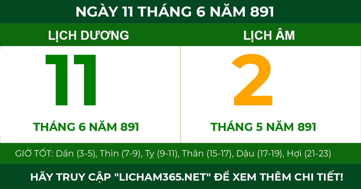 lịch âm ngày 11 tháng 6 năm 891