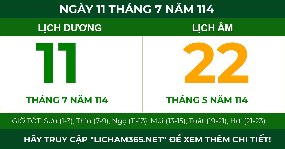lịch âm ngày 11 tháng 7 năm 114