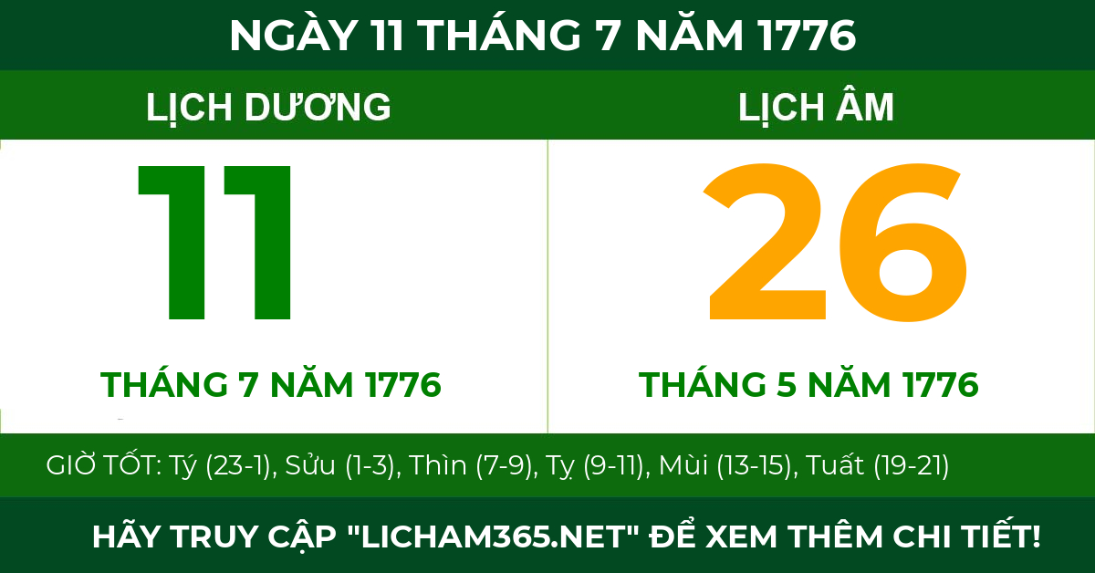 lịch âm ngày 11 tháng 7 năm 1776
