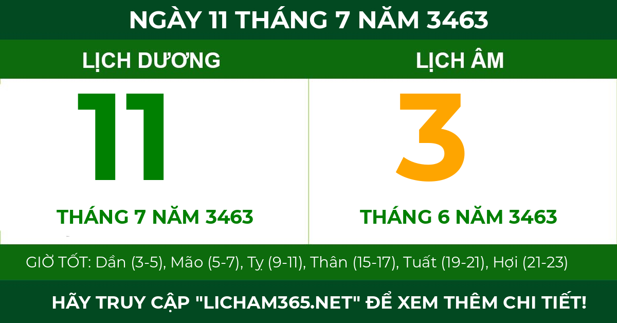 lịch âm ngày 11 tháng 7 năm 3463