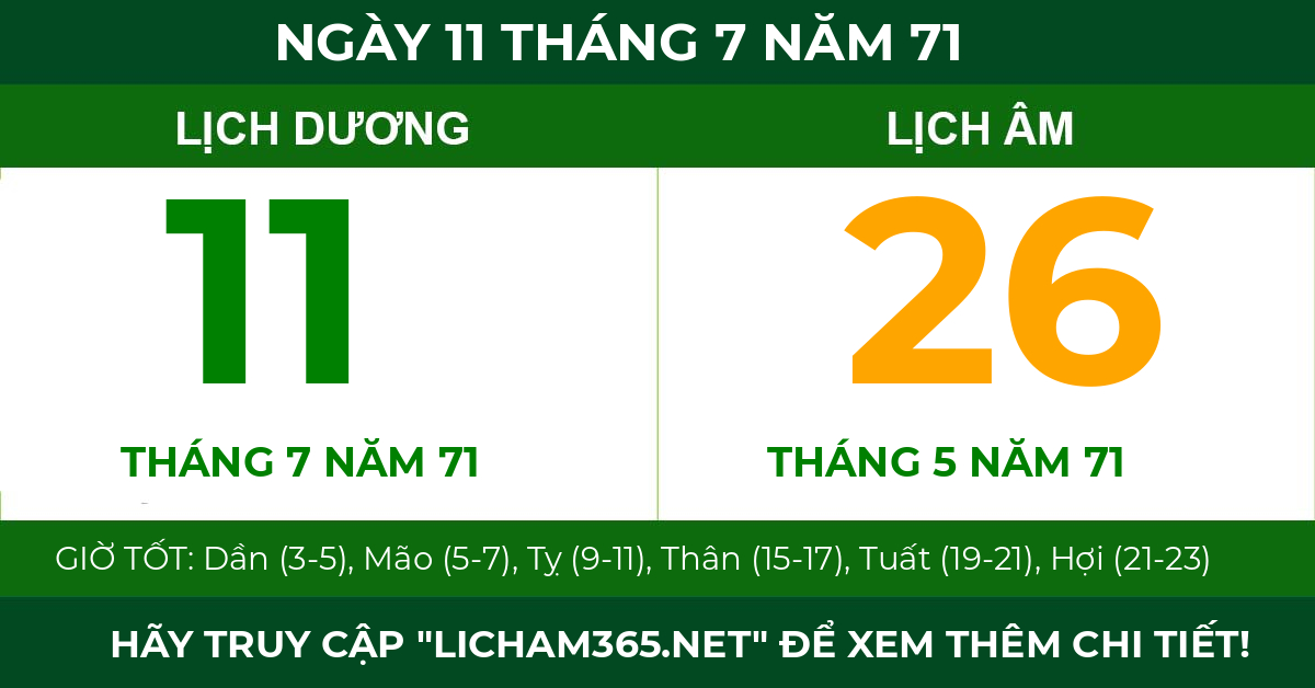 lịch âm ngày 11 tháng 7 năm 71