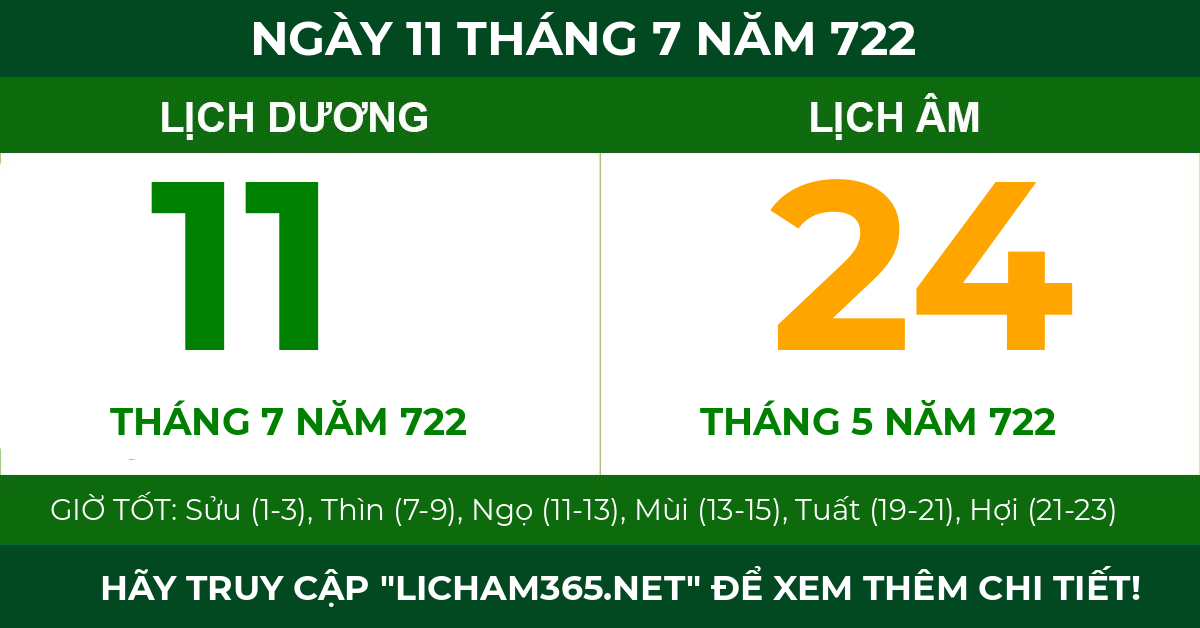 lịch âm ngày 11 tháng 7 năm 722