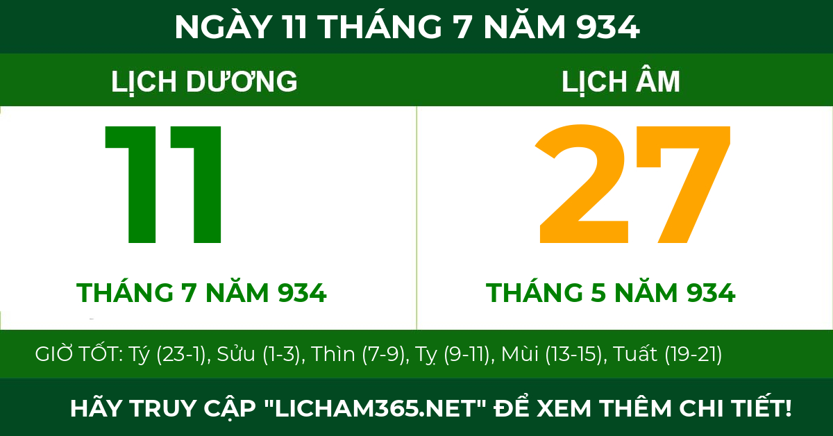 lịch âm ngày 11 tháng 7 năm 934
