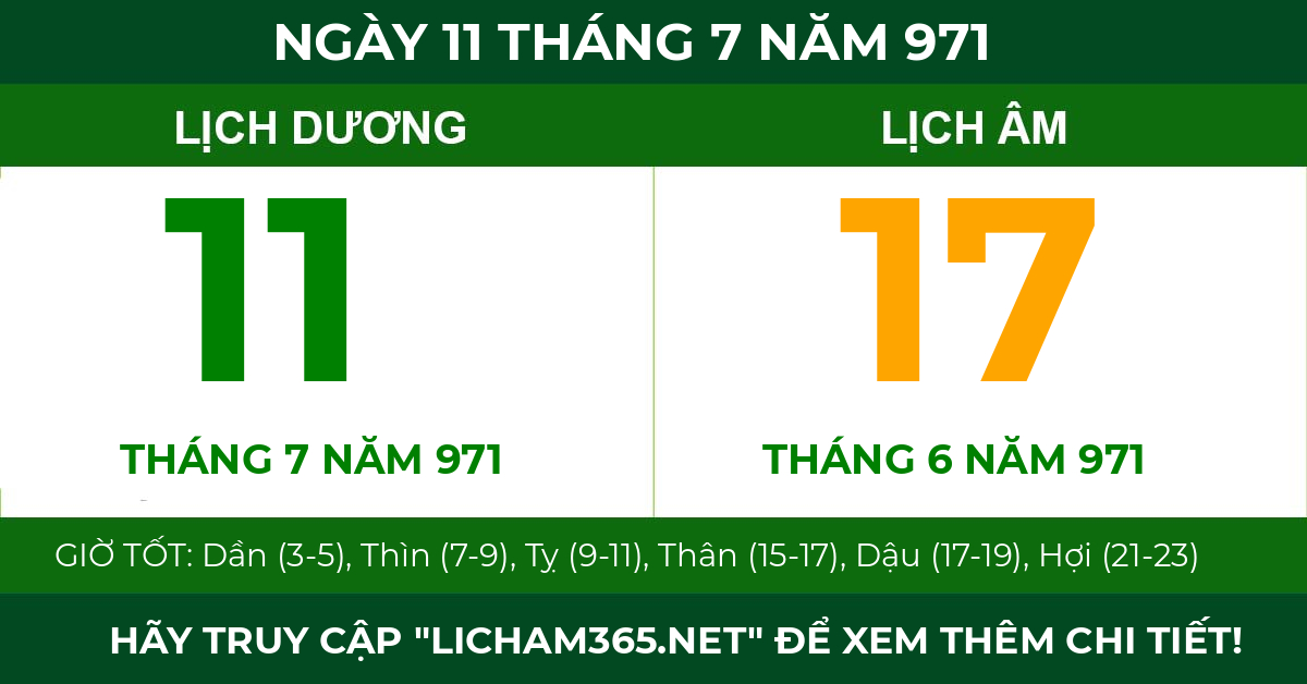 lịch âm ngày 11 tháng 7 năm 971