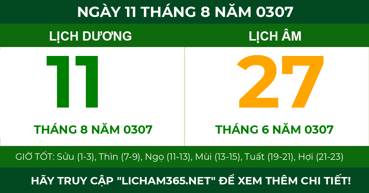 lịch âm ngày 11 tháng 8 năm 0307