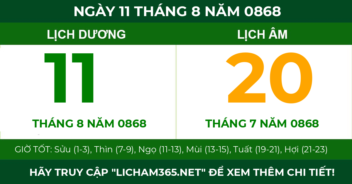 lịch âm ngày 11 tháng 8 năm 0868