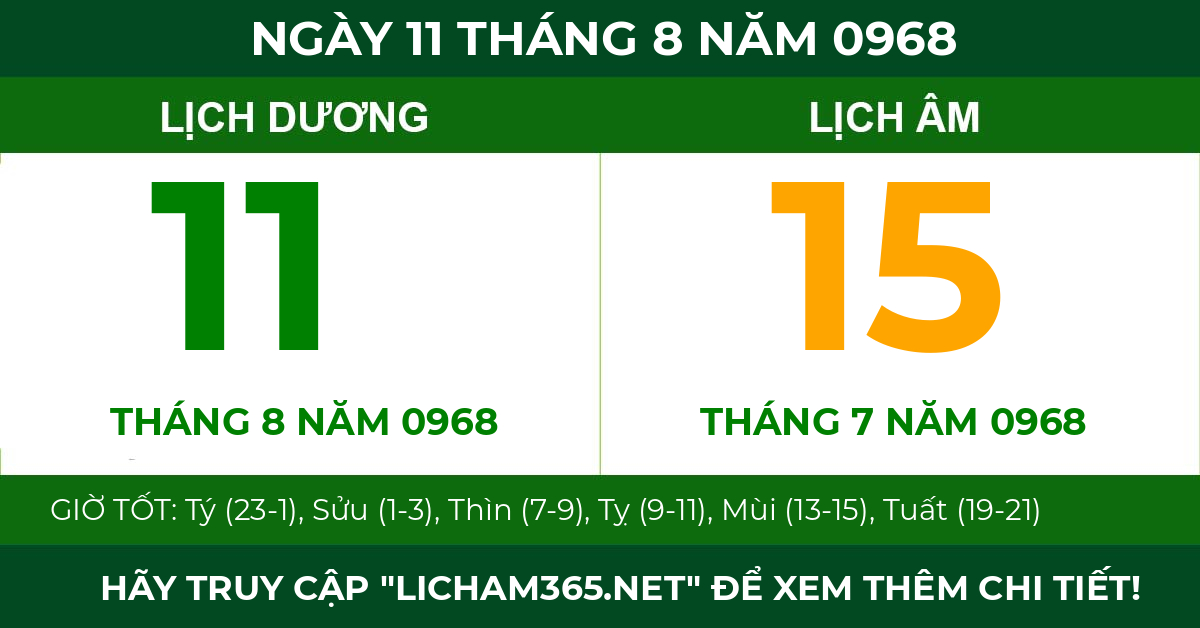 lịch âm ngày 11 tháng 8 năm 0968