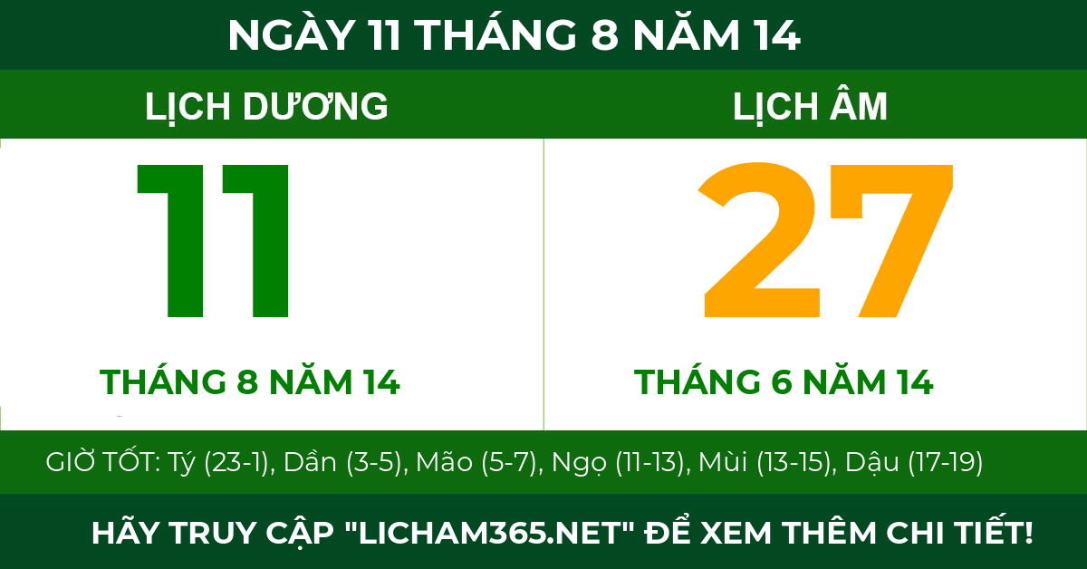 lịch âm ngày 11 tháng 8 năm 14