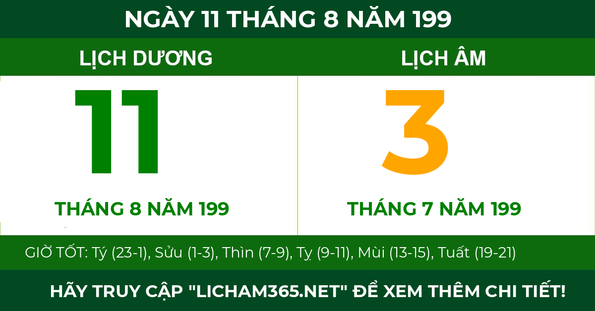lịch âm ngày 11 tháng 8 năm 199