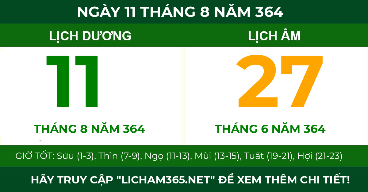 lịch âm ngày 11 tháng 8 năm 364