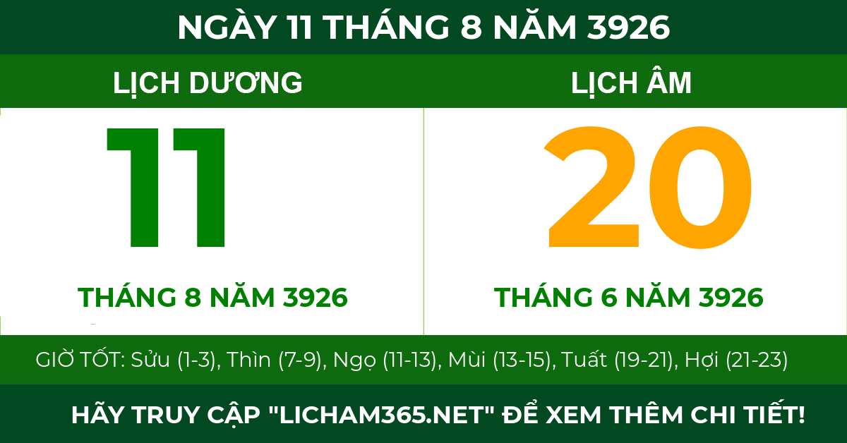 lịch âm ngày 11 tháng 8 năm 3926