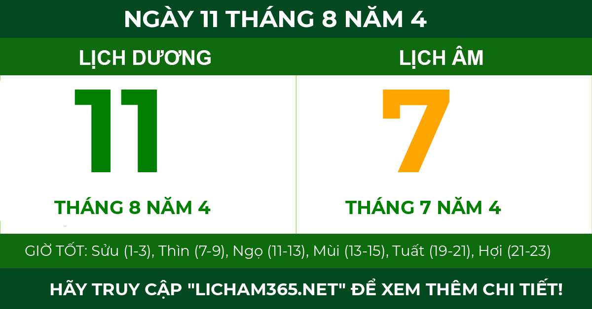 lịch âm ngày 11 tháng 8 năm 4