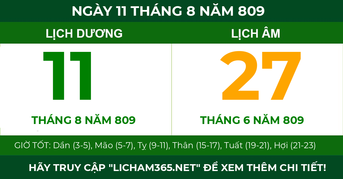 lịch âm ngày 11 tháng 8 năm 809