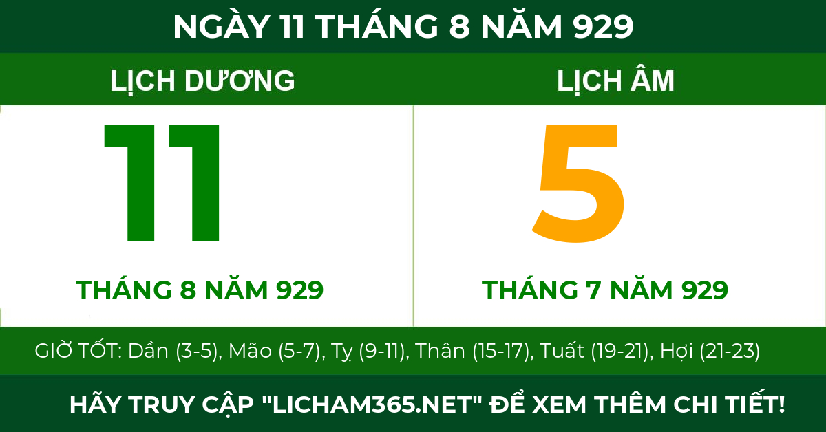 lịch âm ngày 11 tháng 8 năm 929