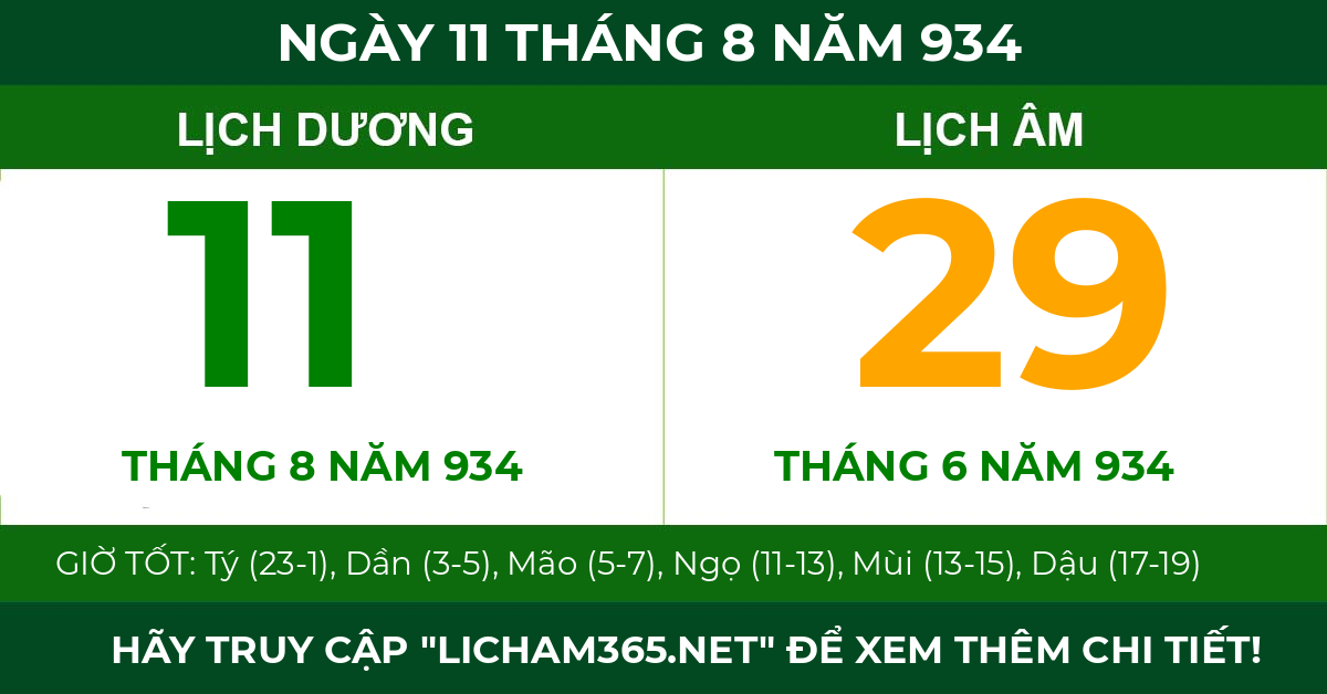 lịch âm ngày 11 tháng 8 năm 934
