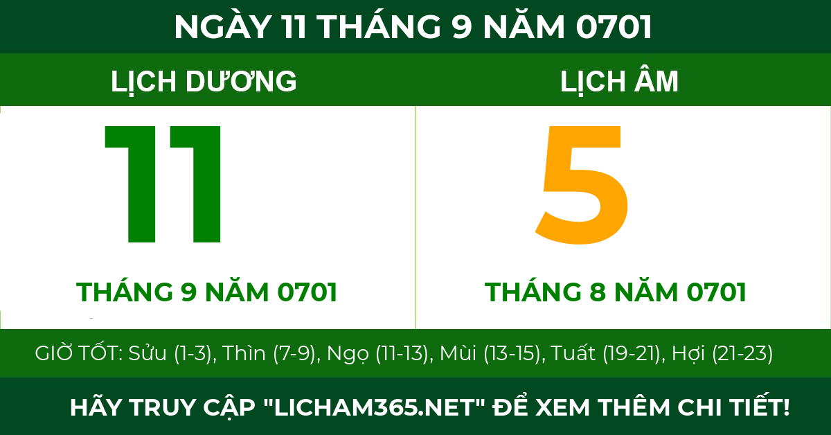 lịch âm ngày 11 tháng 9 năm 0701