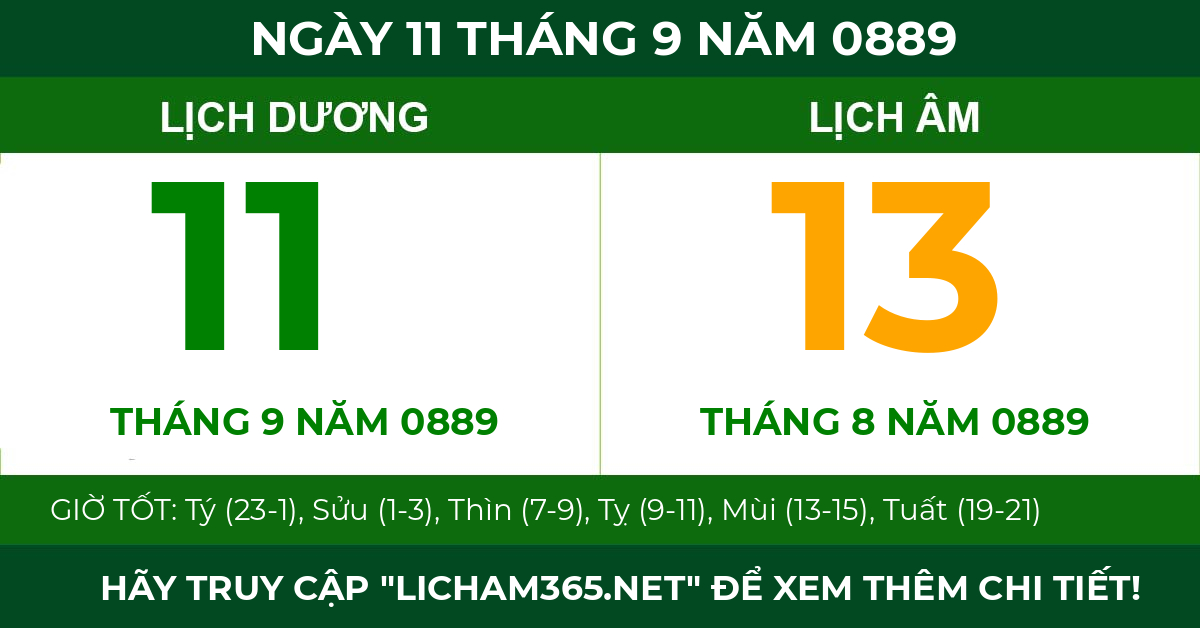 lịch âm ngày 11 tháng 9 năm 0889
