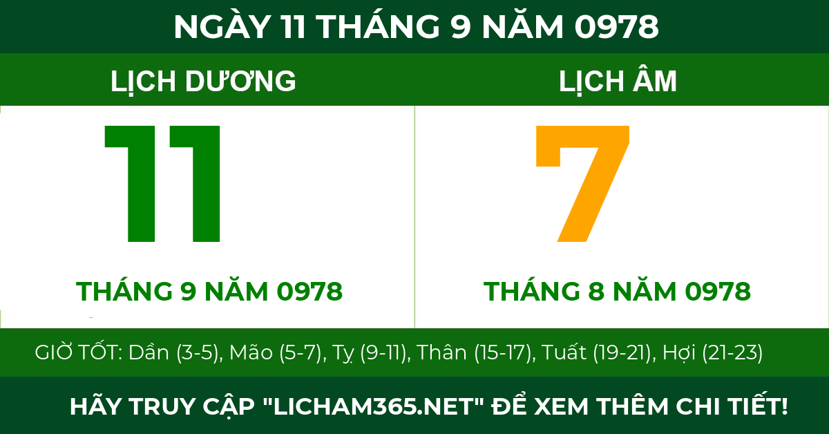 lịch âm ngày 11 tháng 9 năm 0978