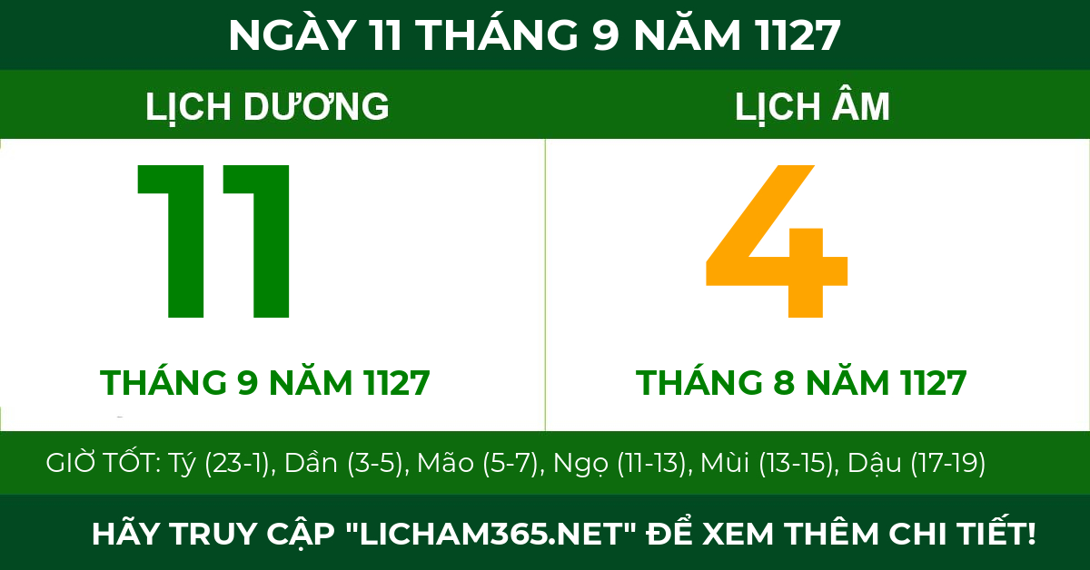 lịch âm ngày 11 tháng 9 năm 1127