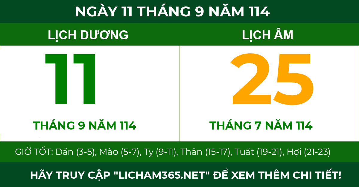 lịch âm ngày 11 tháng 9 năm 114