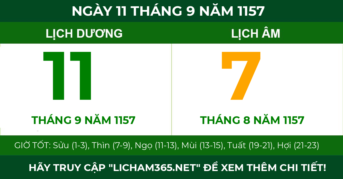 lịch âm ngày 11 tháng 9 năm 1157