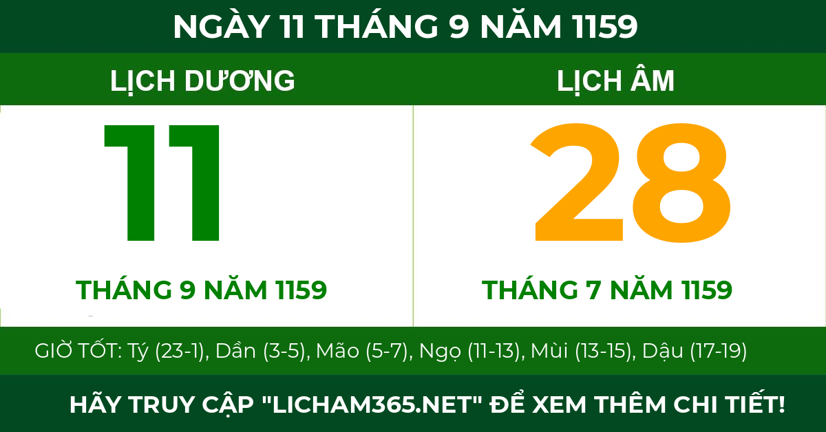 lịch âm ngày 11 tháng 9 năm 1159