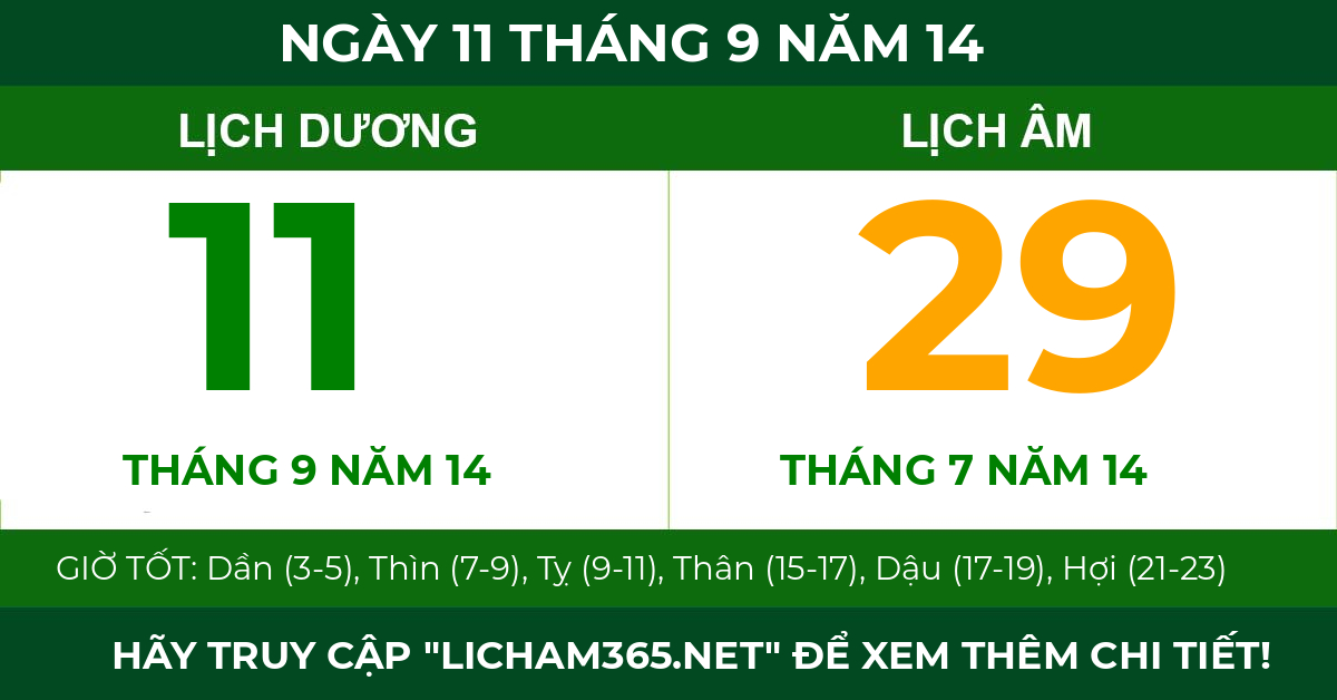 lịch âm ngày 11 tháng 9 năm 14