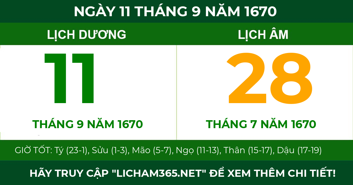 lịch âm ngày 11 tháng 9 năm 1670