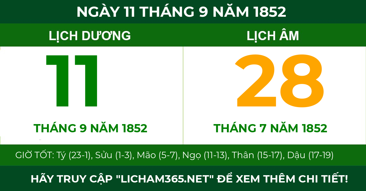 lịch âm ngày 11 tháng 9 năm 1852
