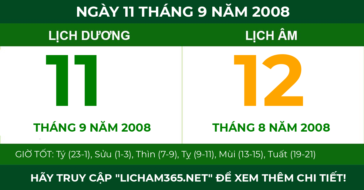 lịch âm ngày 11 tháng 9 năm 2008