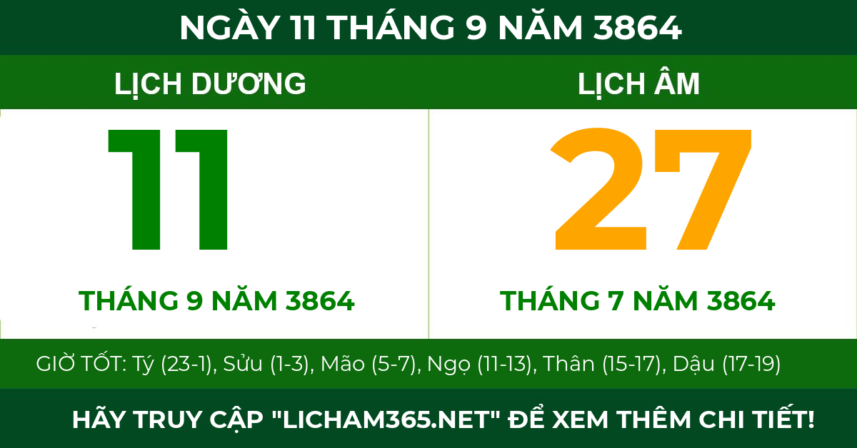lịch âm ngày 11 tháng 9 năm 3864