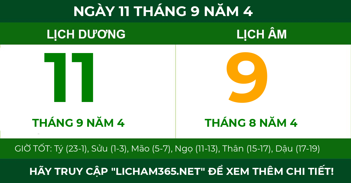 lịch âm ngày 11 tháng 9 năm 4