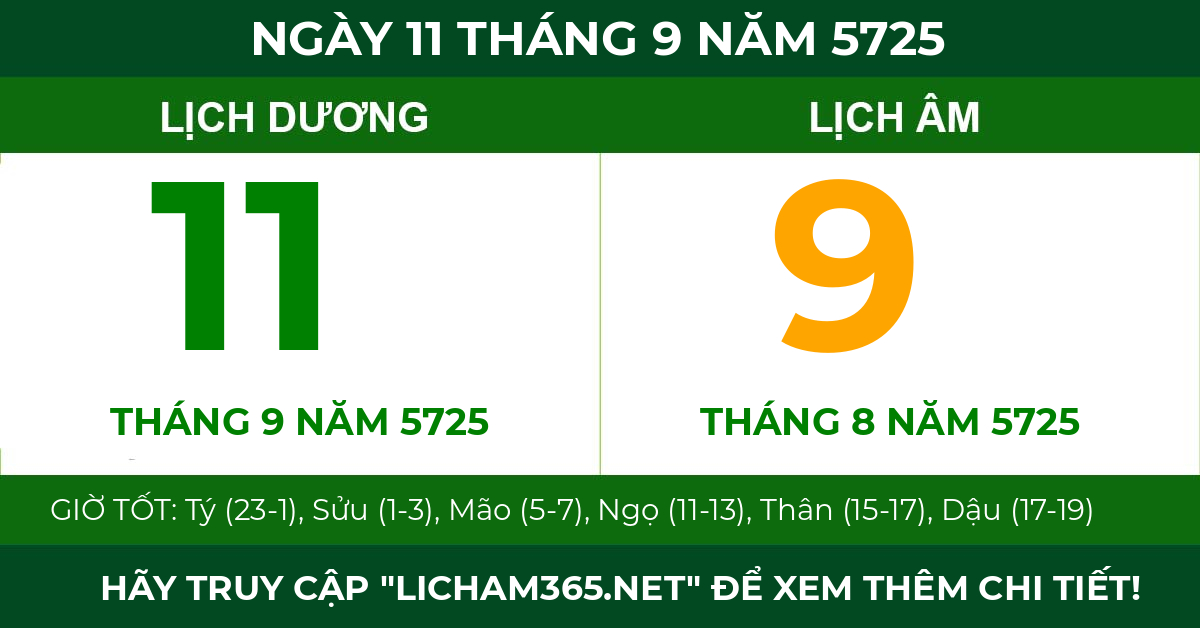 lịch âm ngày 11 tháng 9 năm 5725