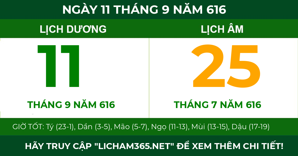 lịch âm ngày 11 tháng 9 năm 616